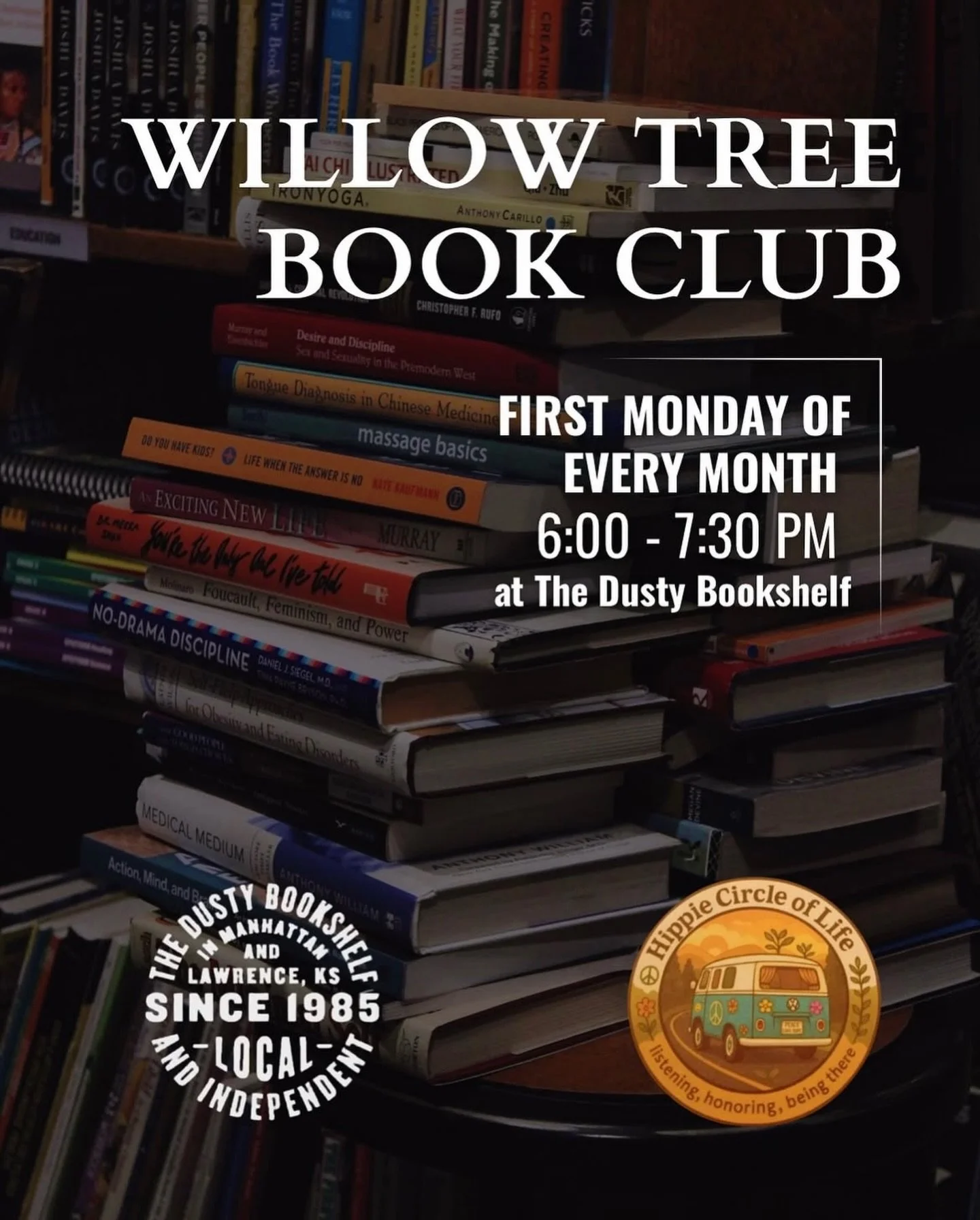 Willow Tree Book Club is meeting this Monday (5/4) at The Dusty Bookshelf from 6:00-7:30 PM. 🍃 

Hosted by Hippie Circle of Life, this monthly gathering offers a welcoming space for reflection, healing, and connection through books and conversation.