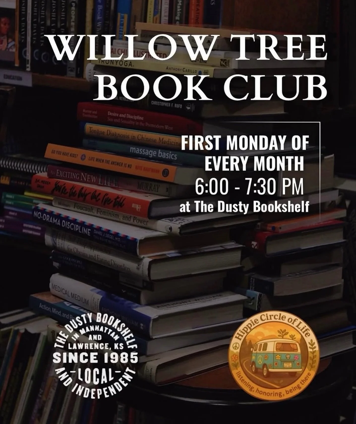 Willow Tree Book Club is meeting this Monday (6/1) at The Dusty Bookshelf from 6:00-7:30 PM.📚🍃

Hosted by Hippie Circle of Life, this monthly gathering offers a welcoming space for reflection, healing, and connection through books and conversation.