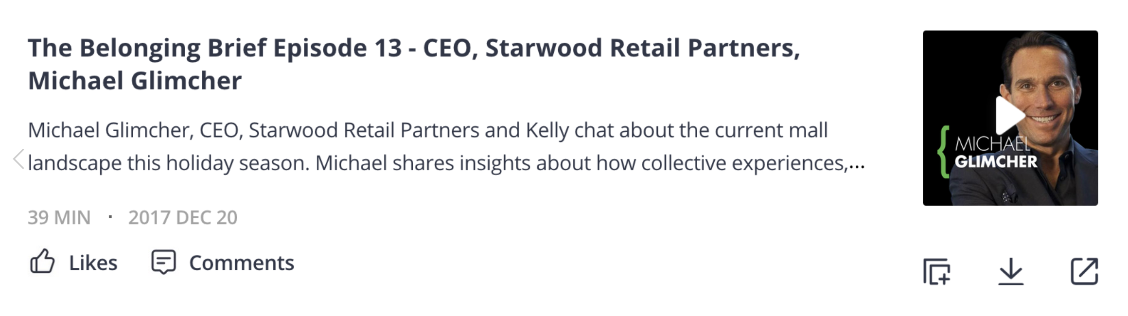 Thumbnail image of Michael Glimcher smiling, with text overlay 'Michael Glimcher' and a play button icon, appearing on a podcast episode page.