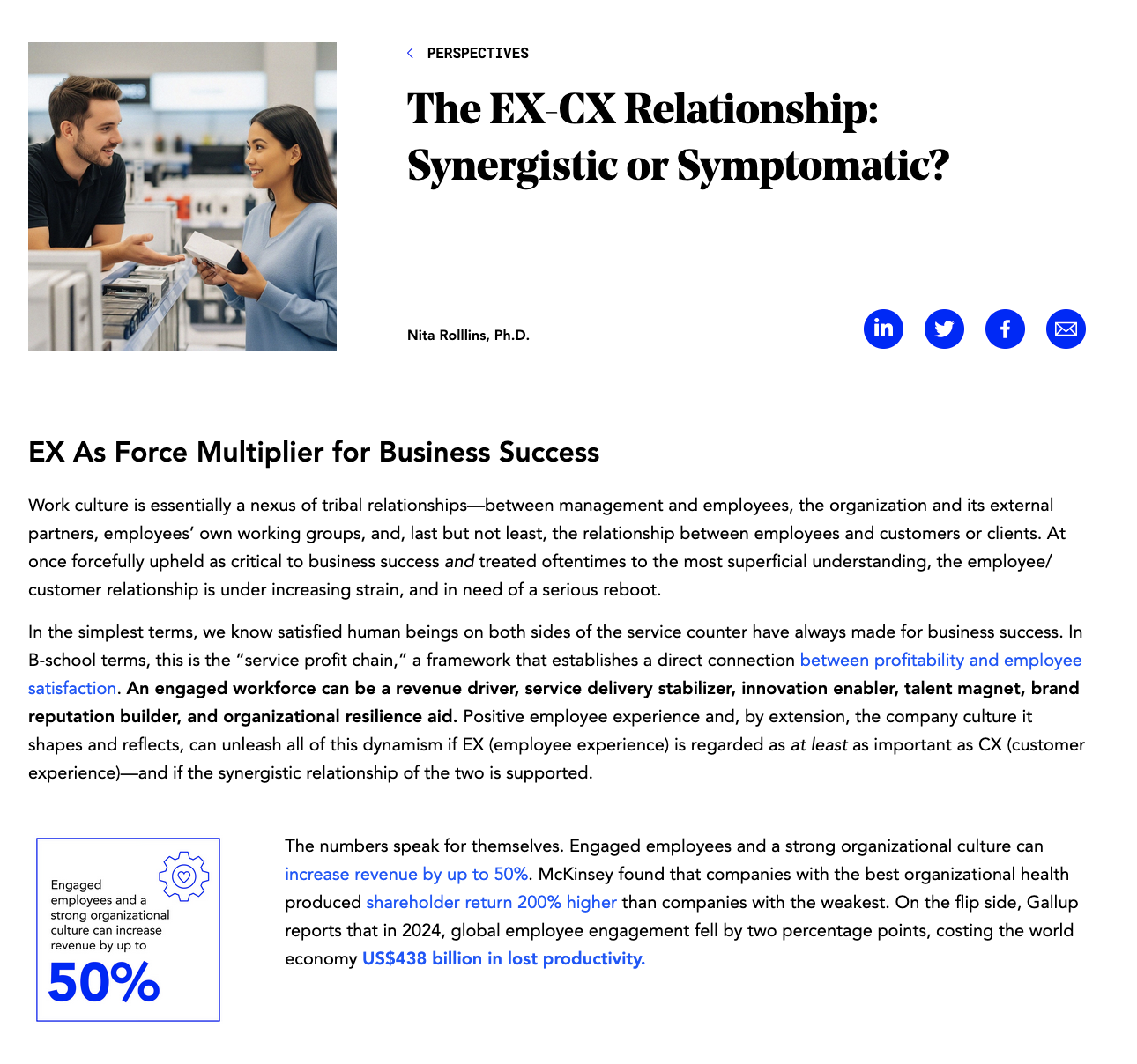 Excerpt from a blog post, The EX-CX Relationship: Synergistic or Symptomatic? by Dr. Nita Rollins. Featuring a male customer and female at the counter smiling.