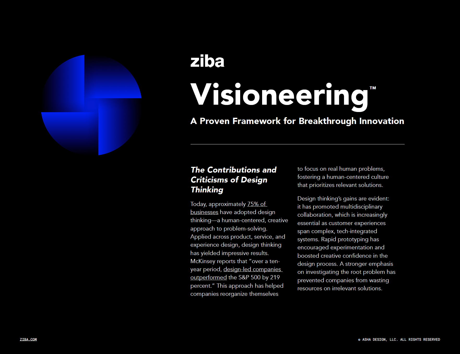 Cover page of a publication titled 'Ziba Visioneering: A Proven Framework for Breakthrough Innovation' with a blue circular logo and text discussing design thinking and its contributions to businesses.
