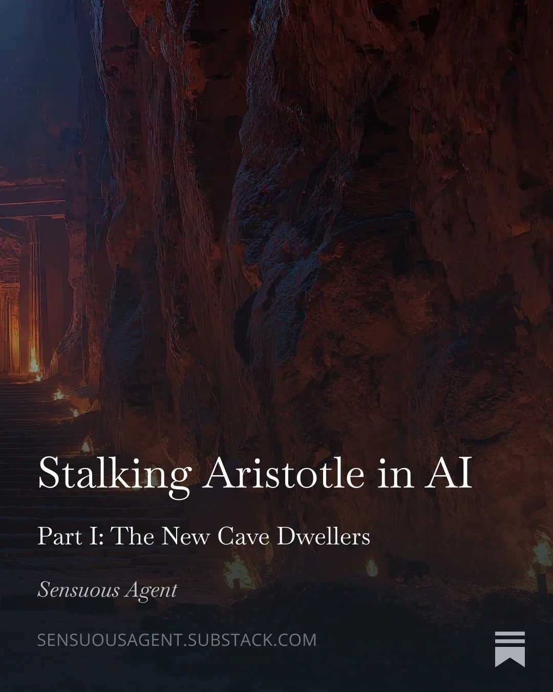 A dark, cavernous scene with rocky walls, dim lighting, and glowing candles on steps ascending to an old Hellenic structure. Cover image for Stalking Aristotle in AI, Part 1 of the Sensuous Agent Substack series by Dr. Nita Rollins.