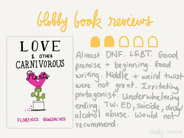 Love and Other Carnivorous Plants by Florence Gonsalves
Rating: 2/5

I really liked the beginning of this book. I was into the romance, it was cute and that kept me reading but then the story kind of fell off and I found myself putting it down and pi
