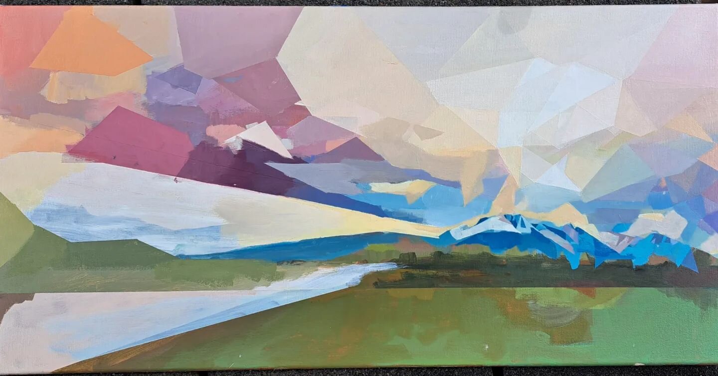 Progress of painting for the Skeena Salmon Exhibition. 15&quot; x 30&quot; Acrylic on  canvas.  #smithersart #canadianartist #landscapepainting #acrylicpainting #abstractlandscape