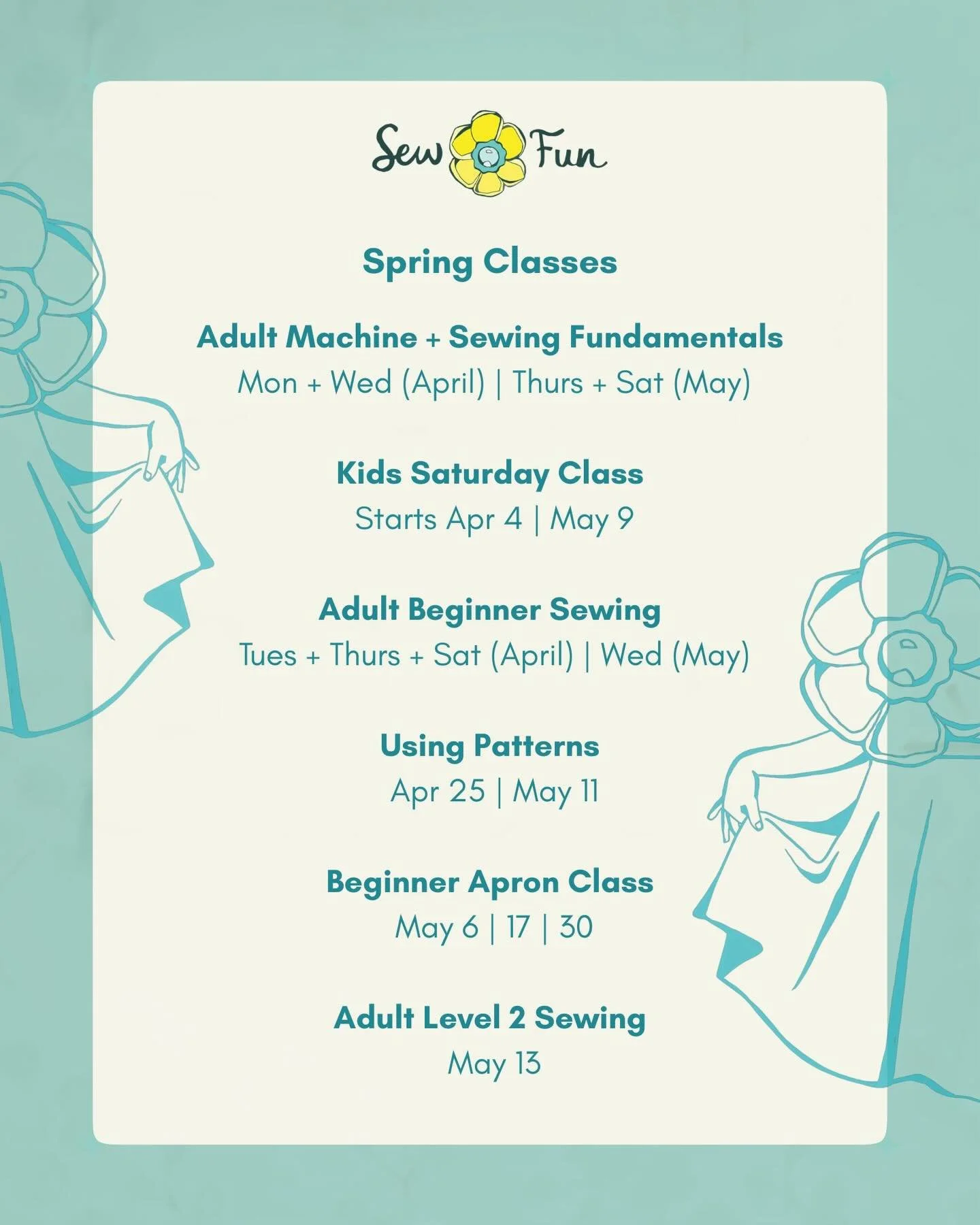 Spring classes at Sewfun ✨ There are lots of beginner friendly options for both Kid and Adult classes in the next couple months!