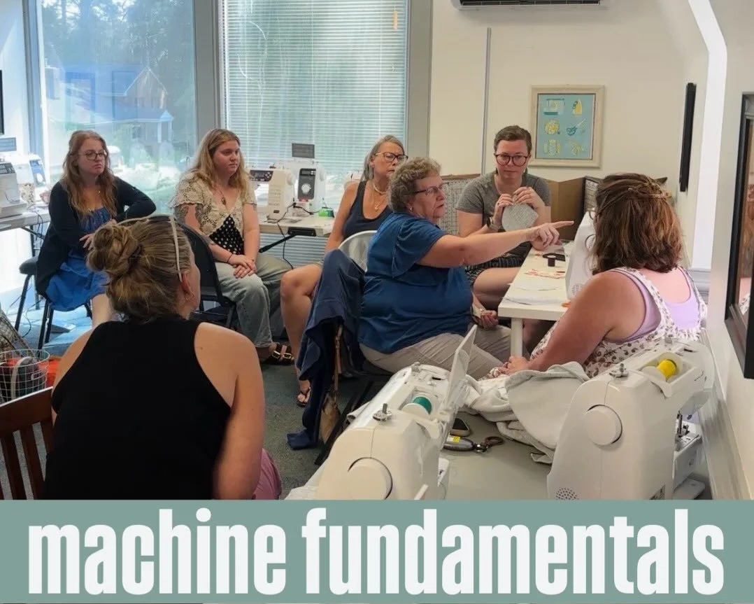 Our next Adult Machine Fundamentals class starts July 12th! Perfect for beginners who want to build their knowledge on the machine. We will practice threading, stitching options, using different pressor feet, hems and more 🌼