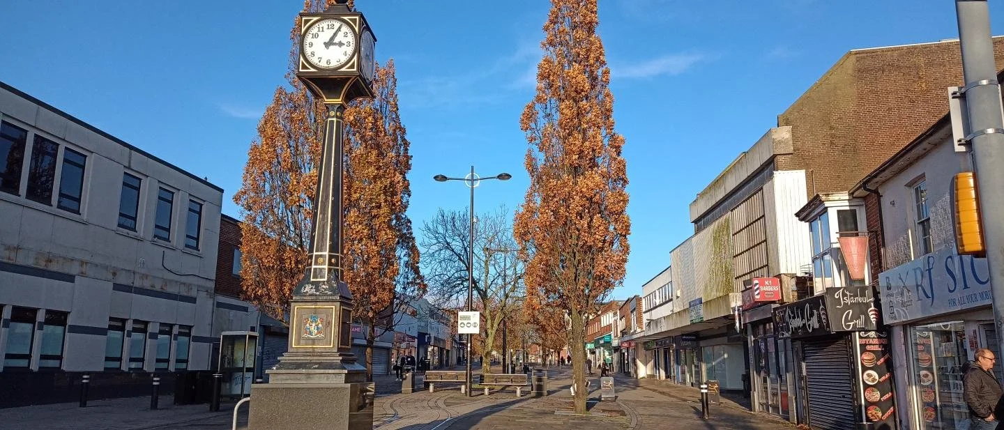 Waterlooville town centre and clock tower.jpg