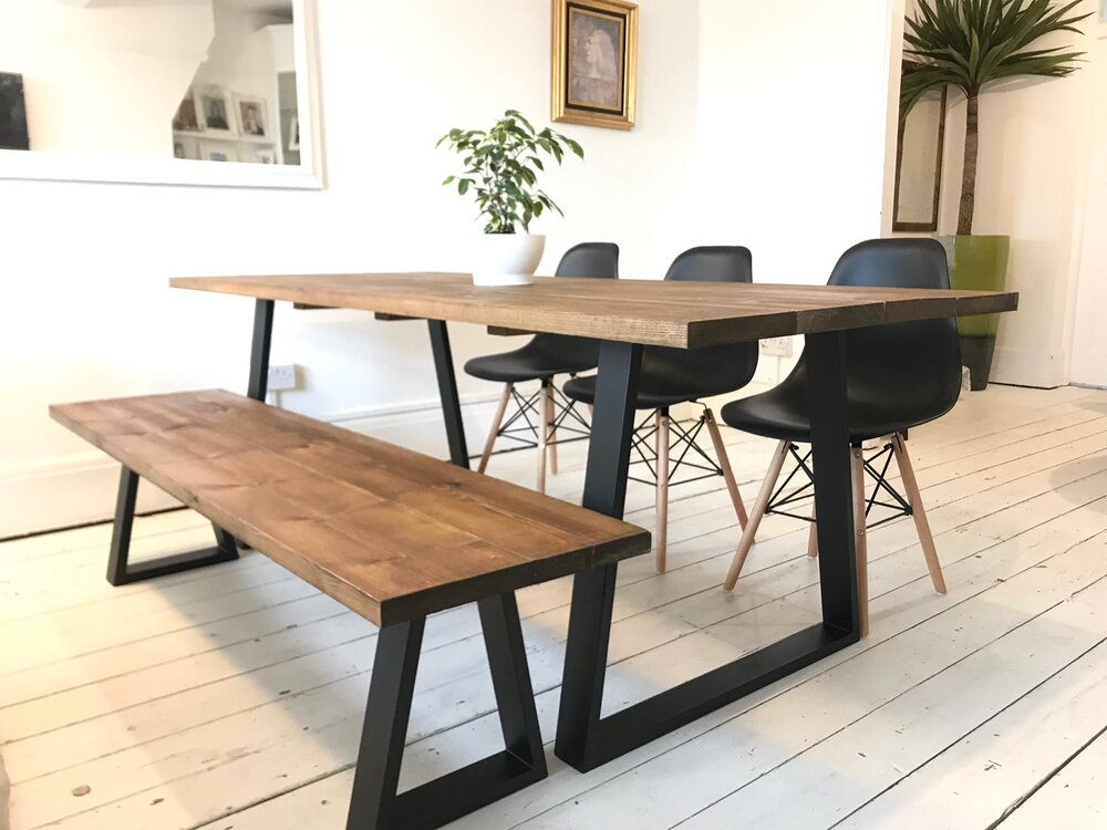 Artemis Handmade Steel Leg Dining Table, Bench Style Dining Table Set