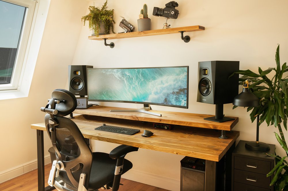 Bespoke Rustic Music Production Desk With Trapezium Legs 