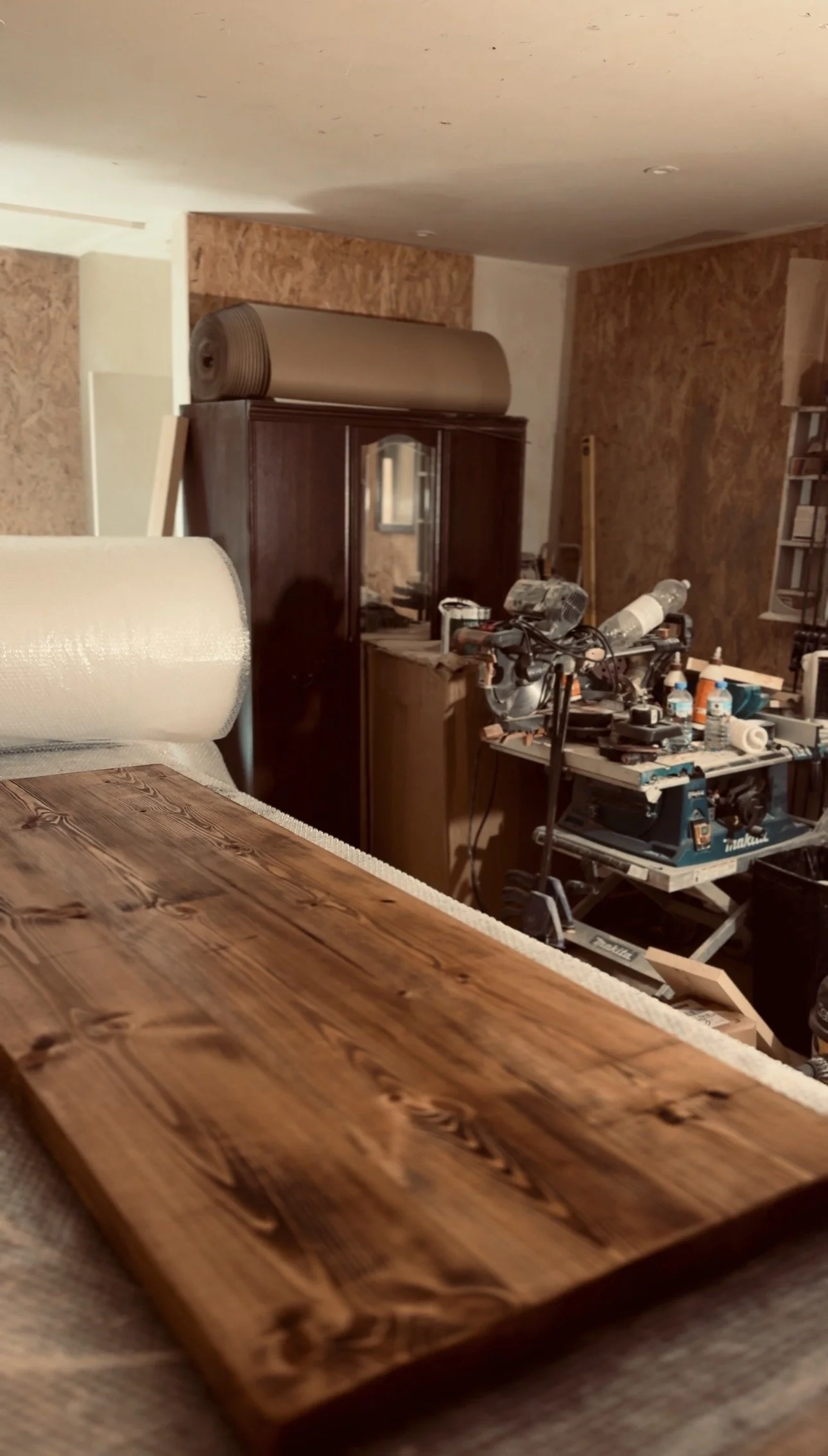 Finished handmade solid Swedish redwood desk in my workshop, Artemis London.