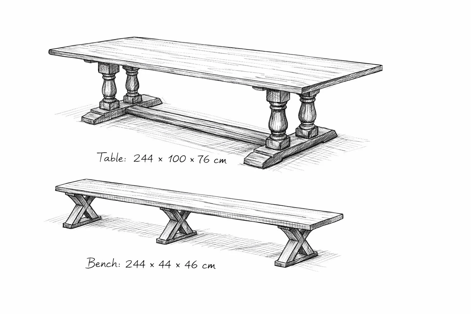 Solid wood refectory dining table and matching bench design sketch with a substantial pedestal base, shown in a warm stained finish on a plain background.
