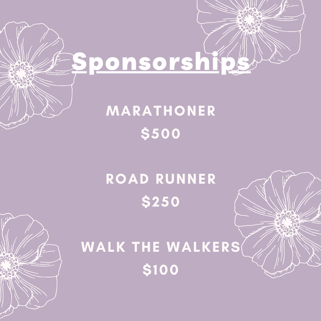 Sponsorship menu on a lavender background with white floral illustrations, listing prices for marathoner, road runner, and walk the walkers.