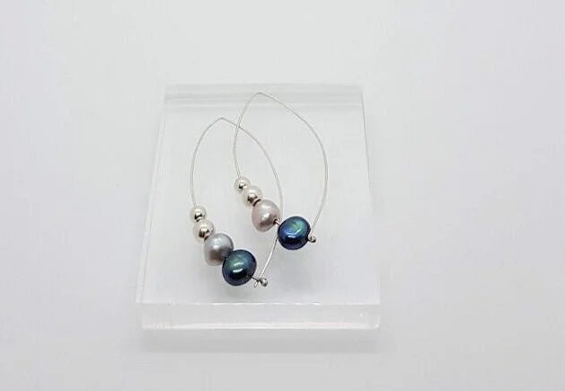Handmade recycled sterling drop earrings with dark blue, grey and silver pearls