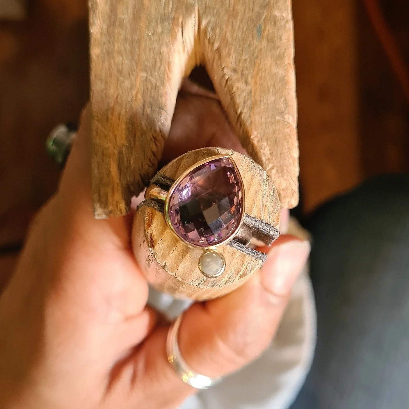 Handmade Gold and Diamond Ring with Amethyst Gemstone by Cumbria Jeweller Nisha Halo