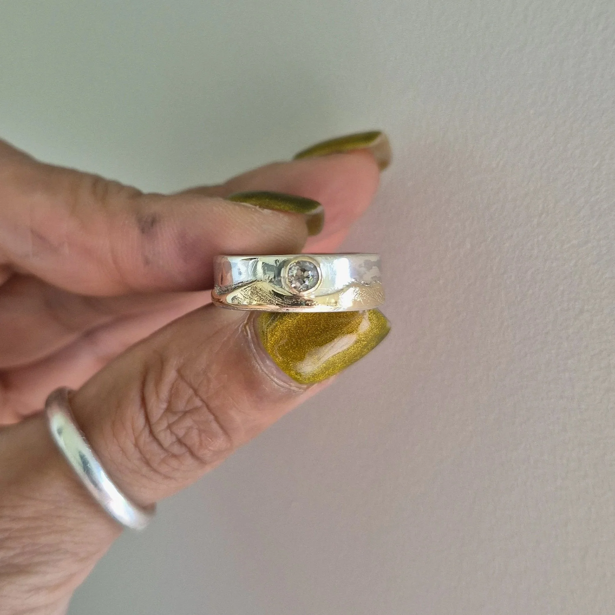 Handmade Silver and Gold Mountain Range Ring with a Diamond