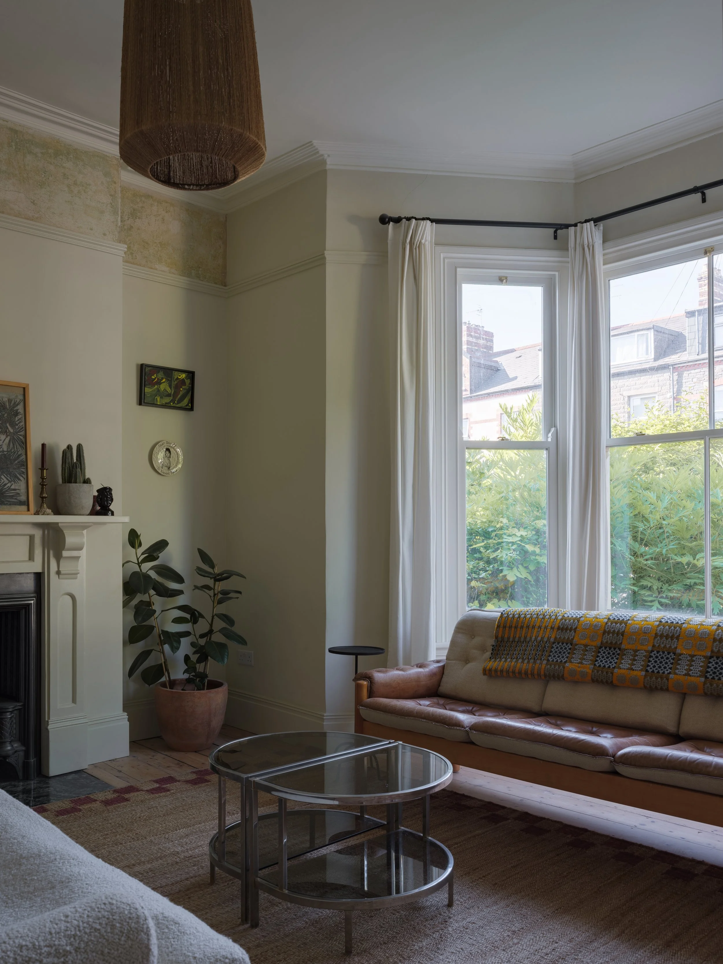 Victorian Bay window, living room, fireplace, lime wash walls