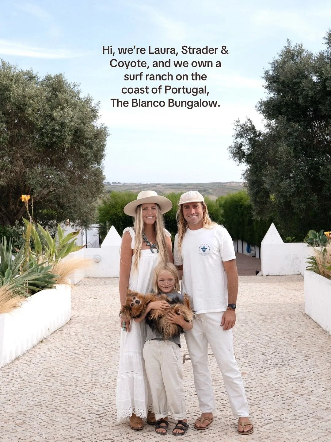 Hi, we’re Laura, Strader & Coyote, and we own The Blanco Bungalow. 🌵 Here’s a tour of our 2 acre seaside ranch in the World Surfing Reserve of Portugal. 
Our farm consists of 3 Casas, 3 Casitas, a Poolhouse, Pool, Adega, Outdoor Spa