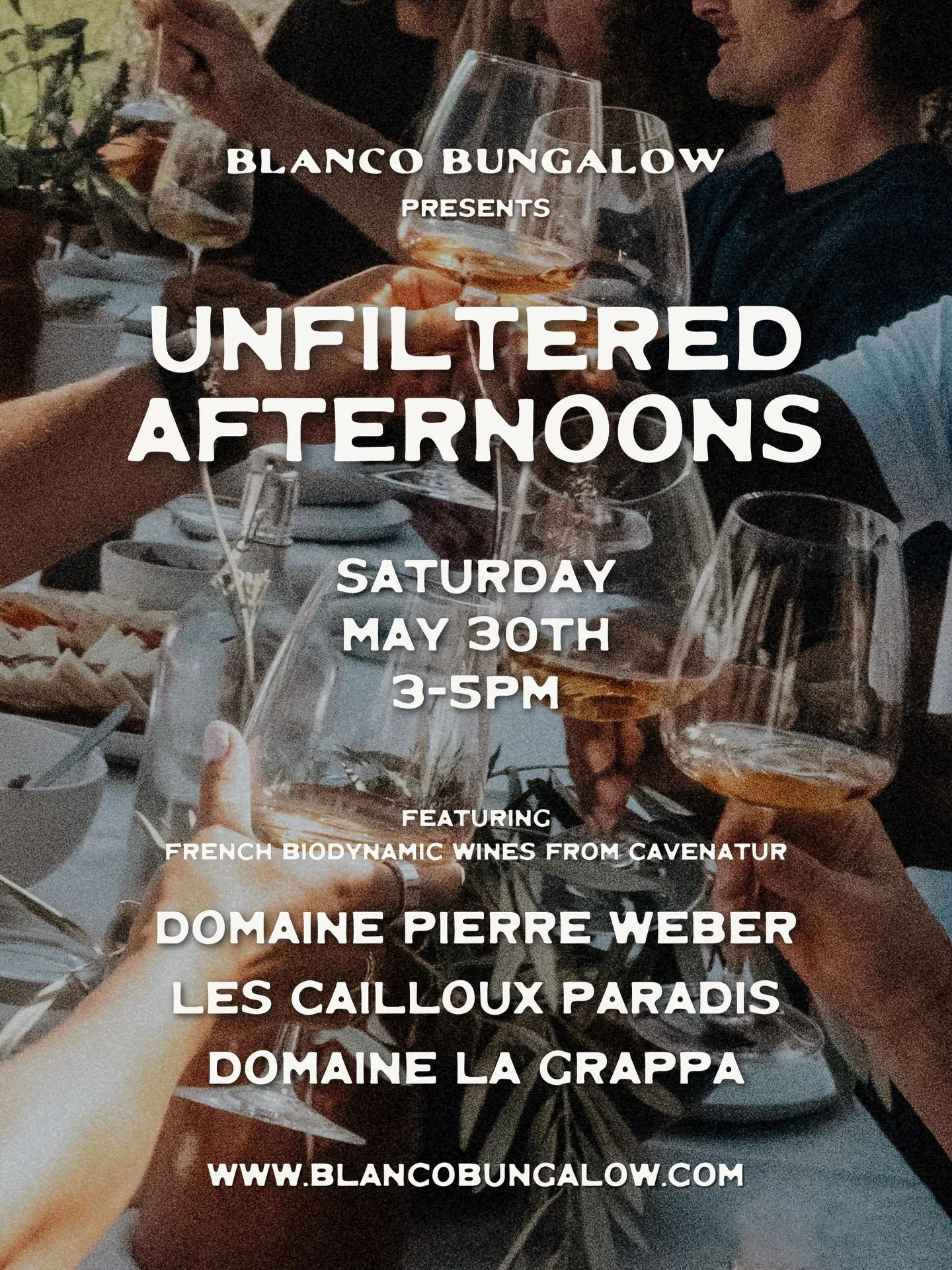 Blanco Bungalow is back with a new summertime season of Unfiltered Afternoons🍷 an intimate wine tasting series highlighting some of the most inspiring natural winemakers. &nbsp;

Each event features different independent &amp; biodynamic producers, 