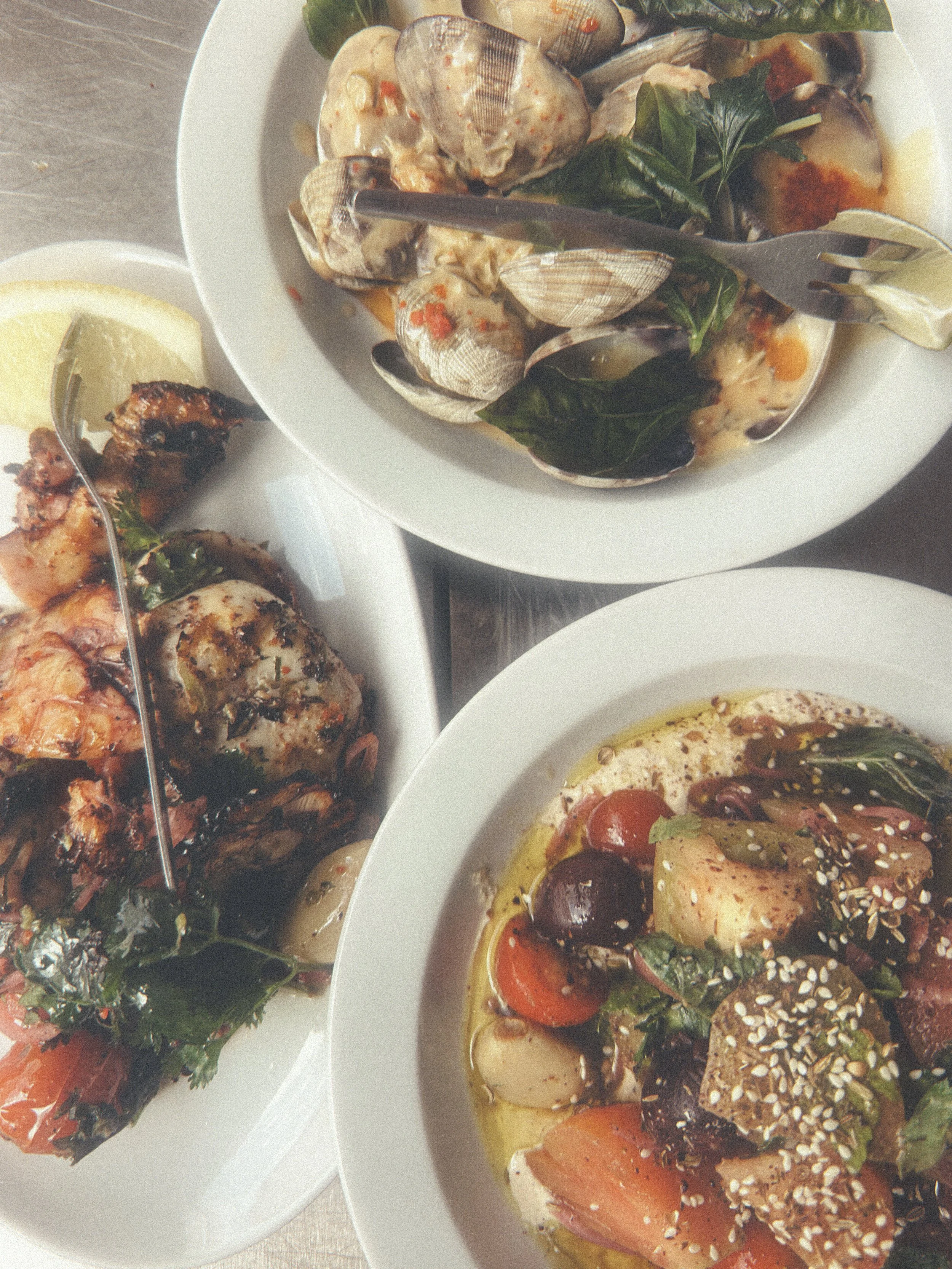 Farm-to-table dinner with grilled fish and fresh salads at Blanco Bungalow