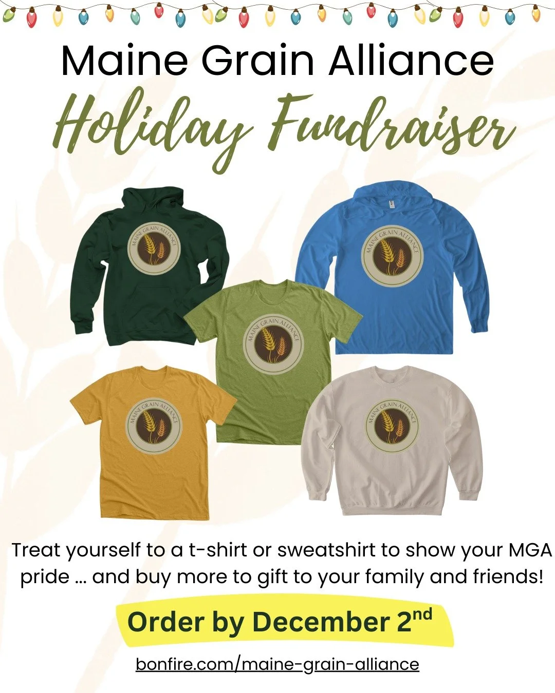 Treat yourself to Maine Grain Alliance hoodies, tees, and long-sleeves featuring the MGA logo.

👕 Lots of colors + sizes
🎁 Perfect gifts for family and friends
📦 Delivered before Christmas

👉 Order by December 2nd
bonfire.com/maine-grain-alliance