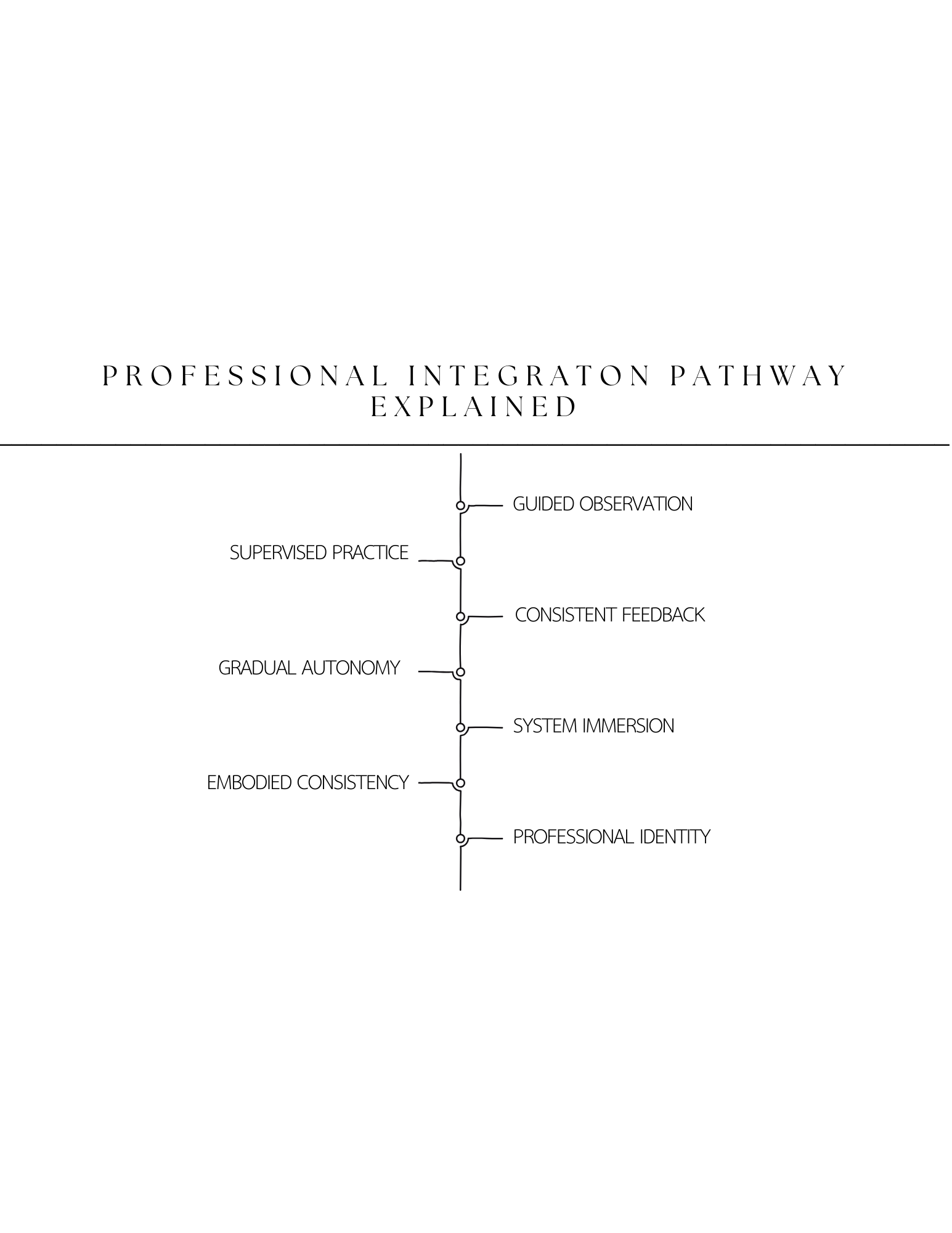 Diagram explaining the professional integreation pathway, listing guided observation, supervised practice, consistent feedback, system immersion, embodied consistency, and professional identity