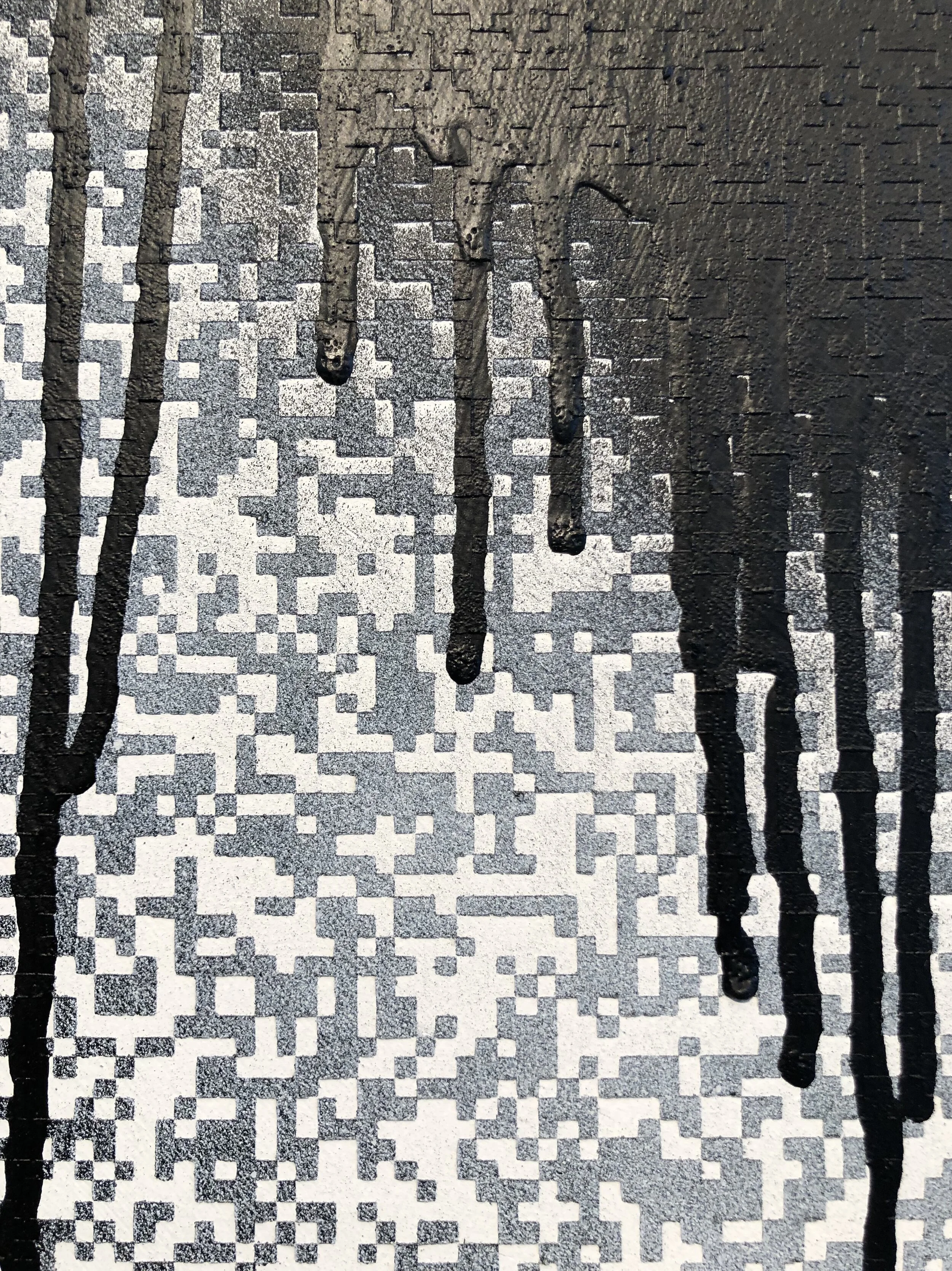 Michael Edward Miller “I’ve lost control again…” , (left painting rupture detail), 2019, spray paint and gesso on panel (72” x 72”) x 2