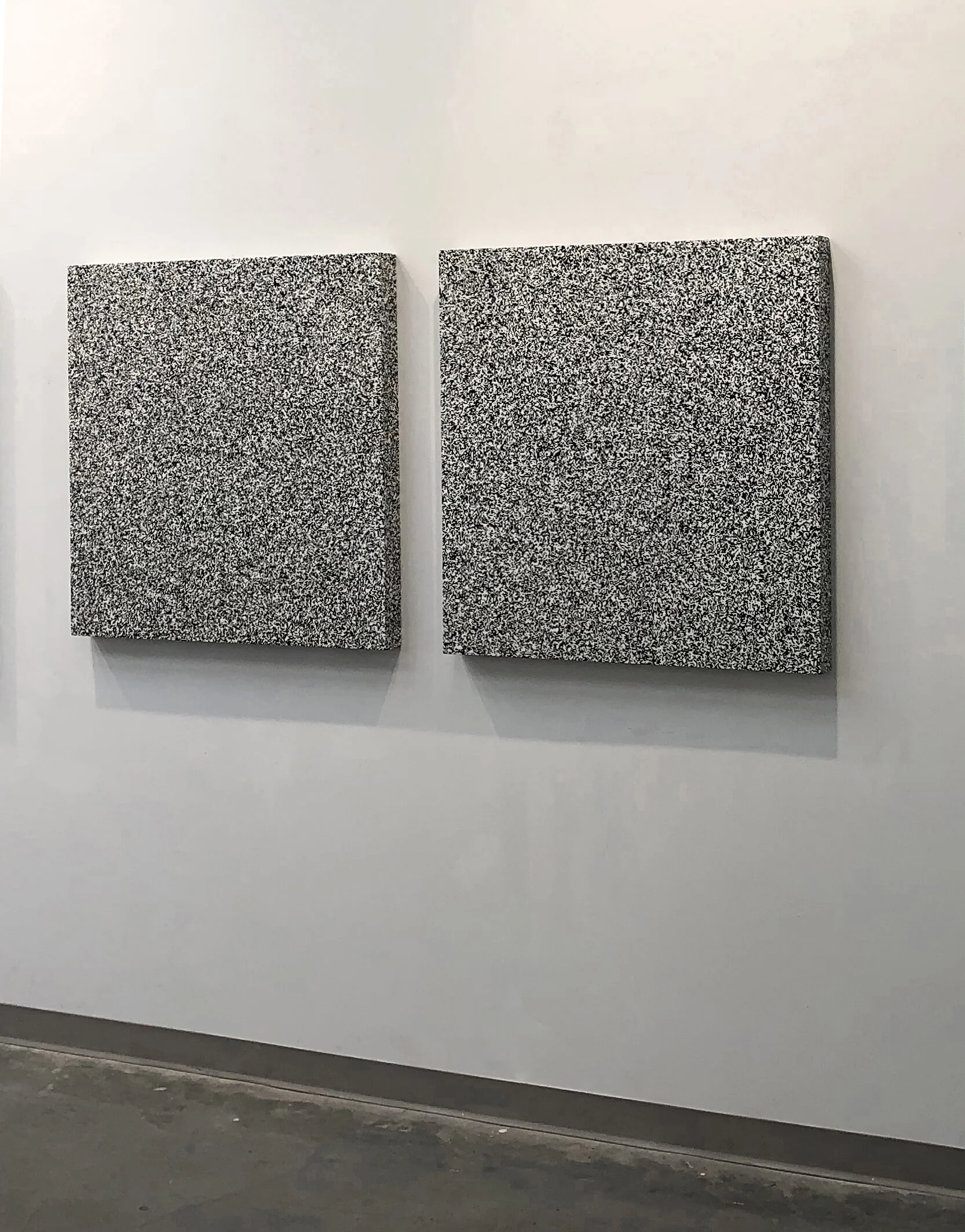 Michael Edward Miller Static (diptych prototype) , 2018, (36 x 36 x 2 5/8 in) x 2, stencilled spray paint on panel