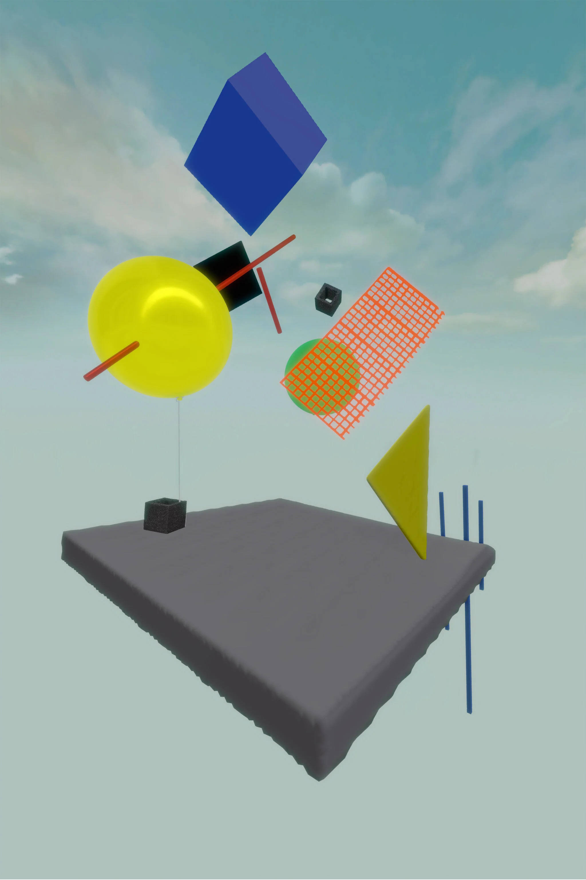 Michael Edward Miller Truth, Imposters and Impossibilities , 2017, styrofoam, faux cement spray, steel, cinder block, acrylic spray paint, coloured bees wax, construction fencing, plywood, helium, balloons, string, virtual reality