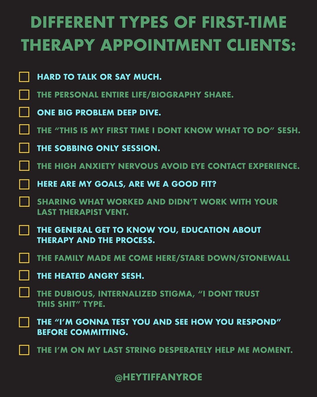 Heading into your first therapy session? Do you relate to any of these? Therapy looks different for everyone. There really is no right or wrong way to experience that first session. ⠀⠀⠀⠀⠀⠀⠀⠀⠀
⠀⠀⠀⠀⠀⠀⠀⠀⠀
The most important thing: being able to trust, v