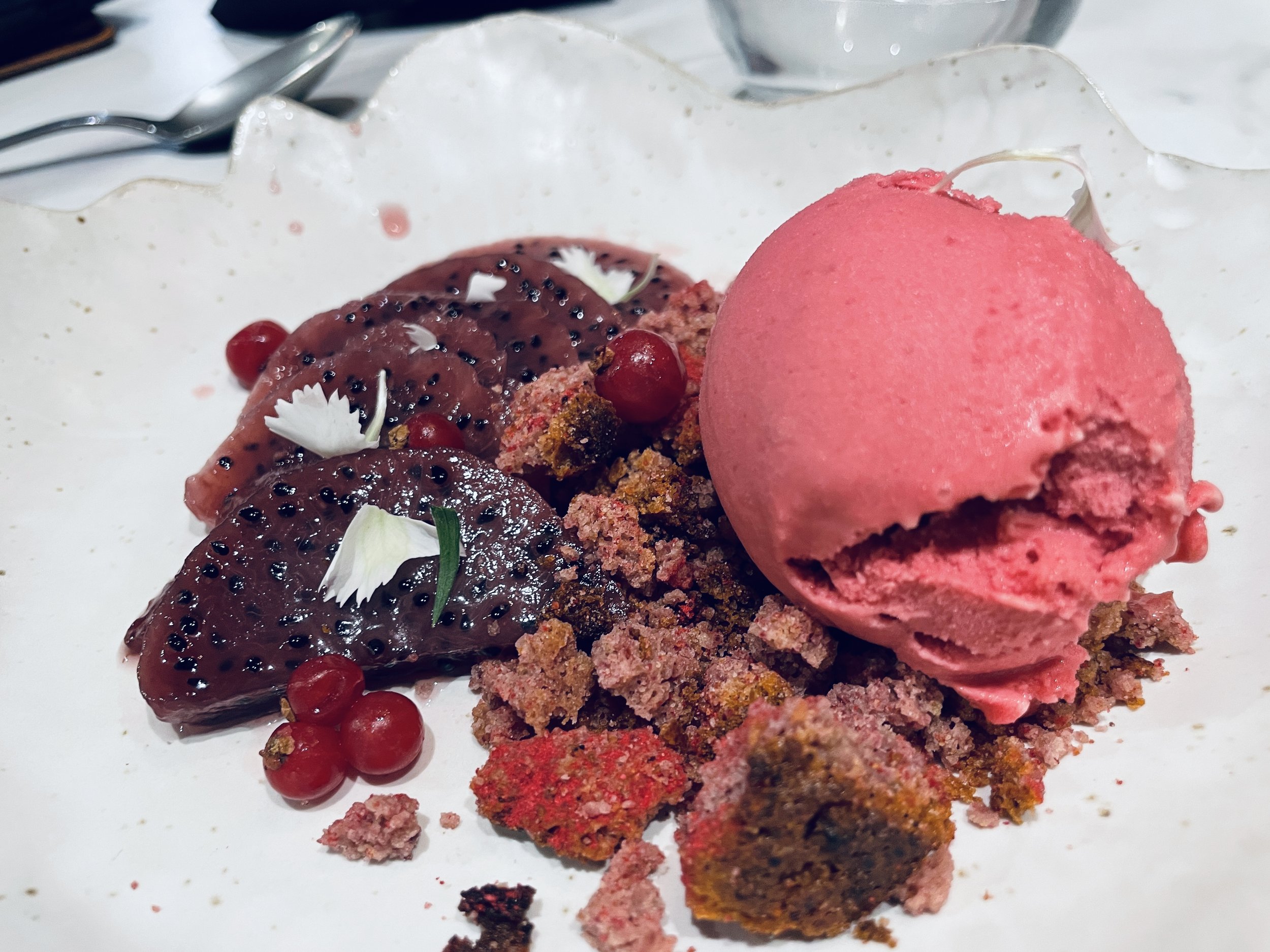 Pitaya Infused Roselle Juice, Raspberry Shortbread &amp; Hibiscus Ice Cream