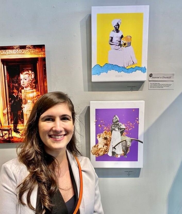 Me and my main ladies, Och&uacute;n and Oy&aacute; (2 stacked pieces on the right), at the Digital Art and Photography Exhibition, hosted by the San Fransisco Women Artist Gallery 💛💜