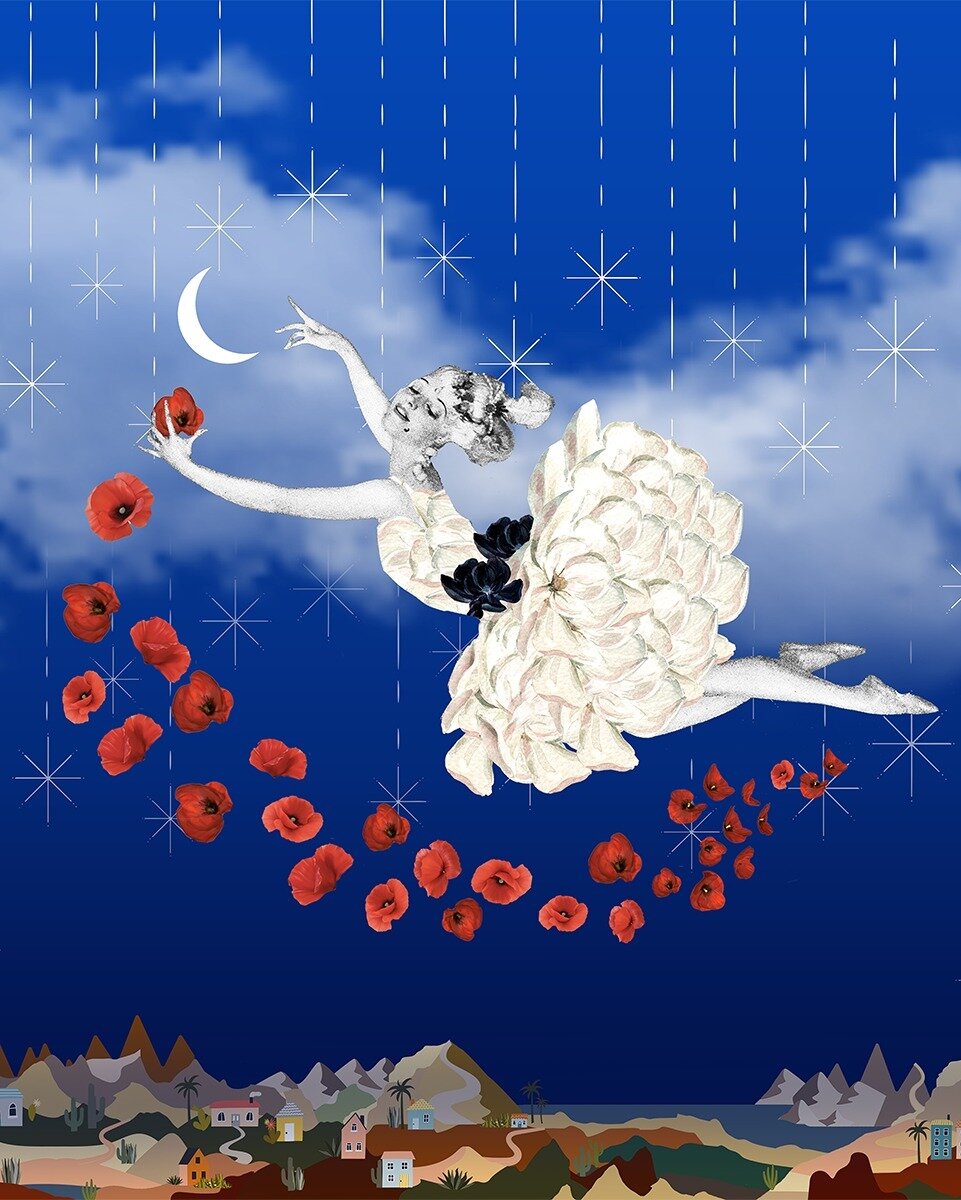 Morpheus 💙❤ This digital collage depicts the a feminization of Morpheus, the Greek god of sleep and dreams. In Greek mythology, Morpheus slept in a cave of poppy seeds while crafting the dreams of humans. Here we see Morpheus raining down poppy flow