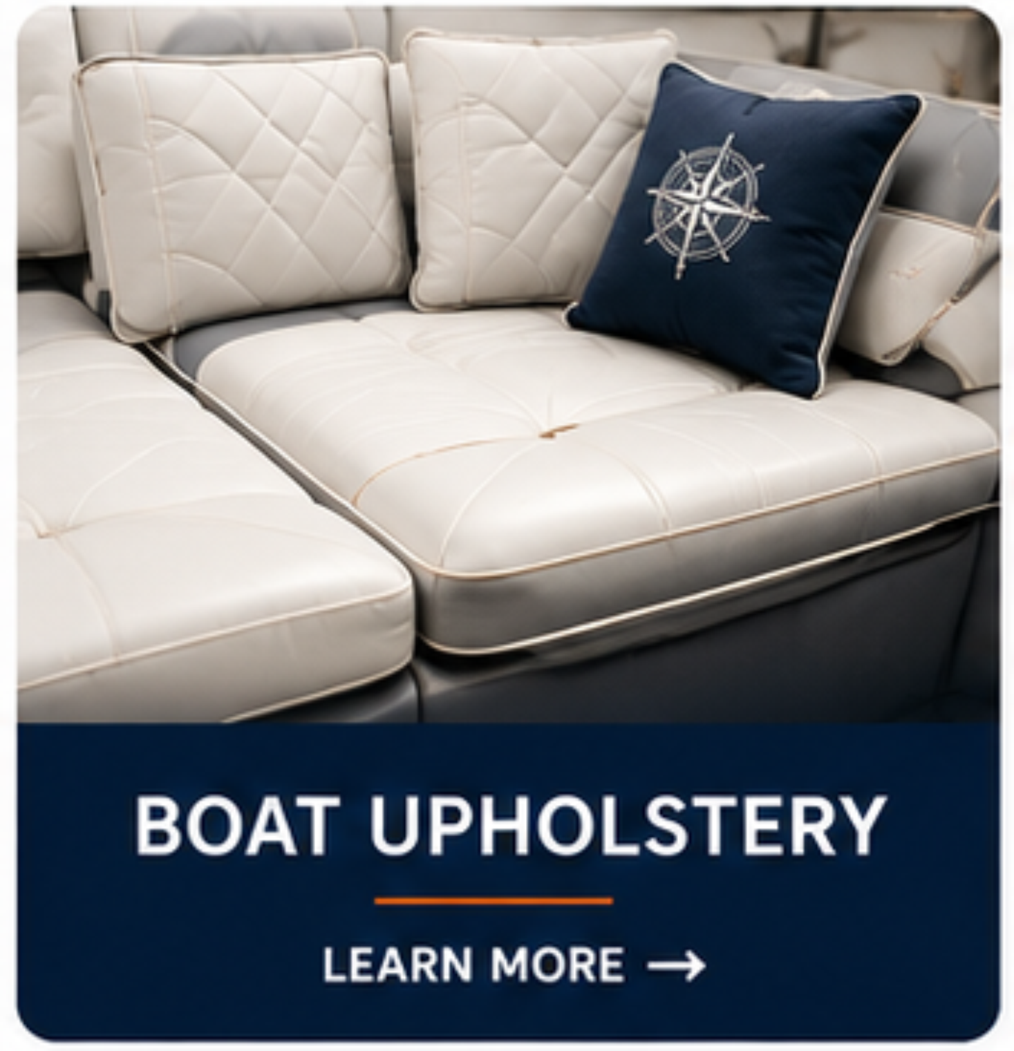 Improve you boat with new boat cushion upholstery.  We sew and staple new vinyl on backing board.  We make new Sunbrella cushions for your interior or exterior of your boat.