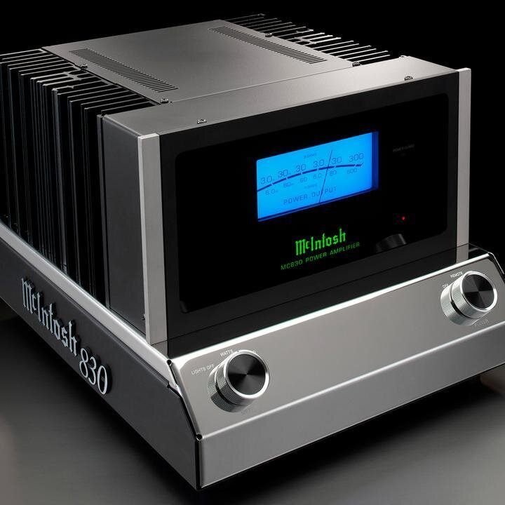 The McIntosh MC830 Solid State Amplifier, a true audio powerhouse with a timeless design. With a footprint akin to their beloved MA252 Integrated Amplifier, the MC830 boasts a direct-coupled output design, delivering 300 Watts at 8 Ohms or 480 Watts 