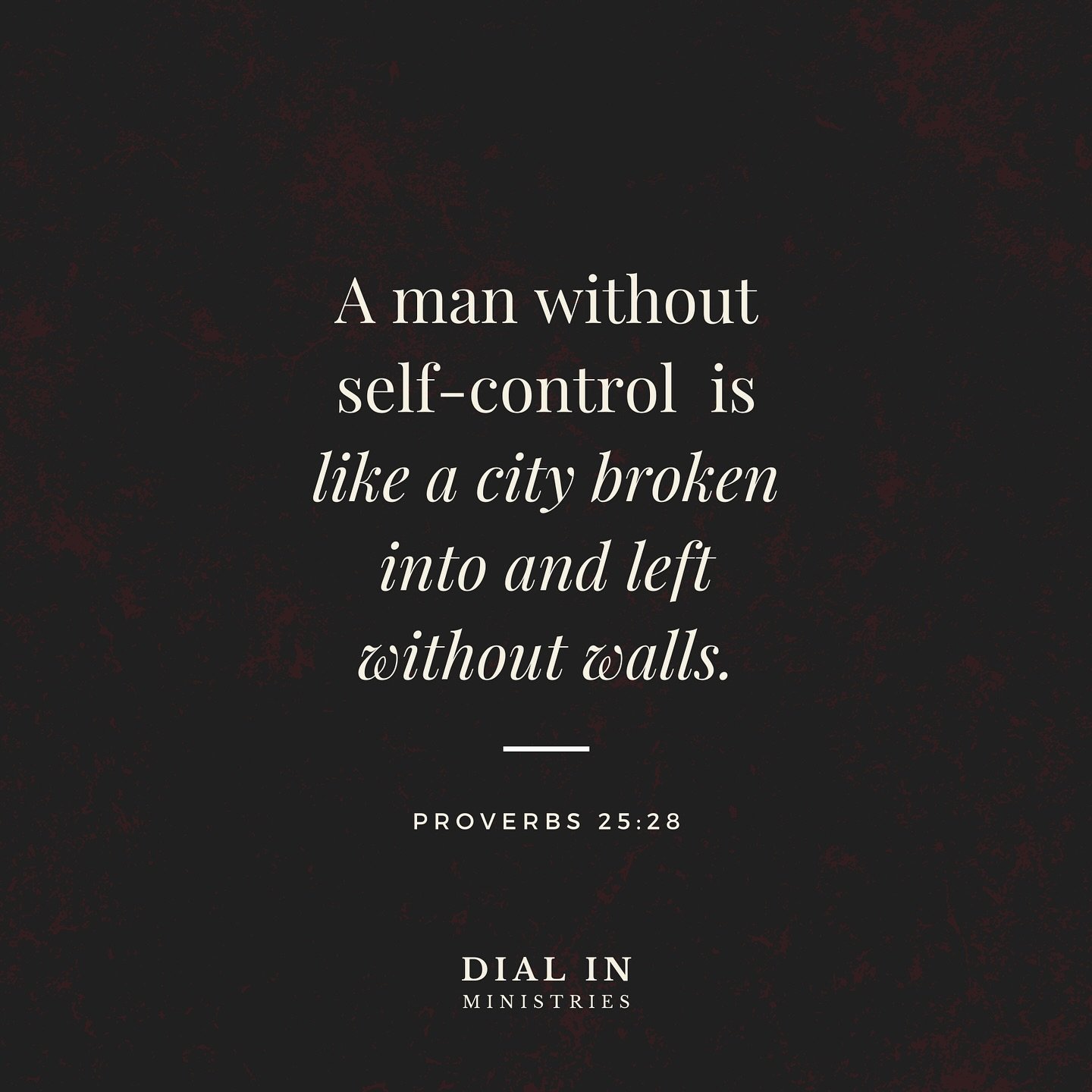 &ldquo;A man without self-control is like a city broken into and left without walls.&rdquo; ~ Proverbs 25:28