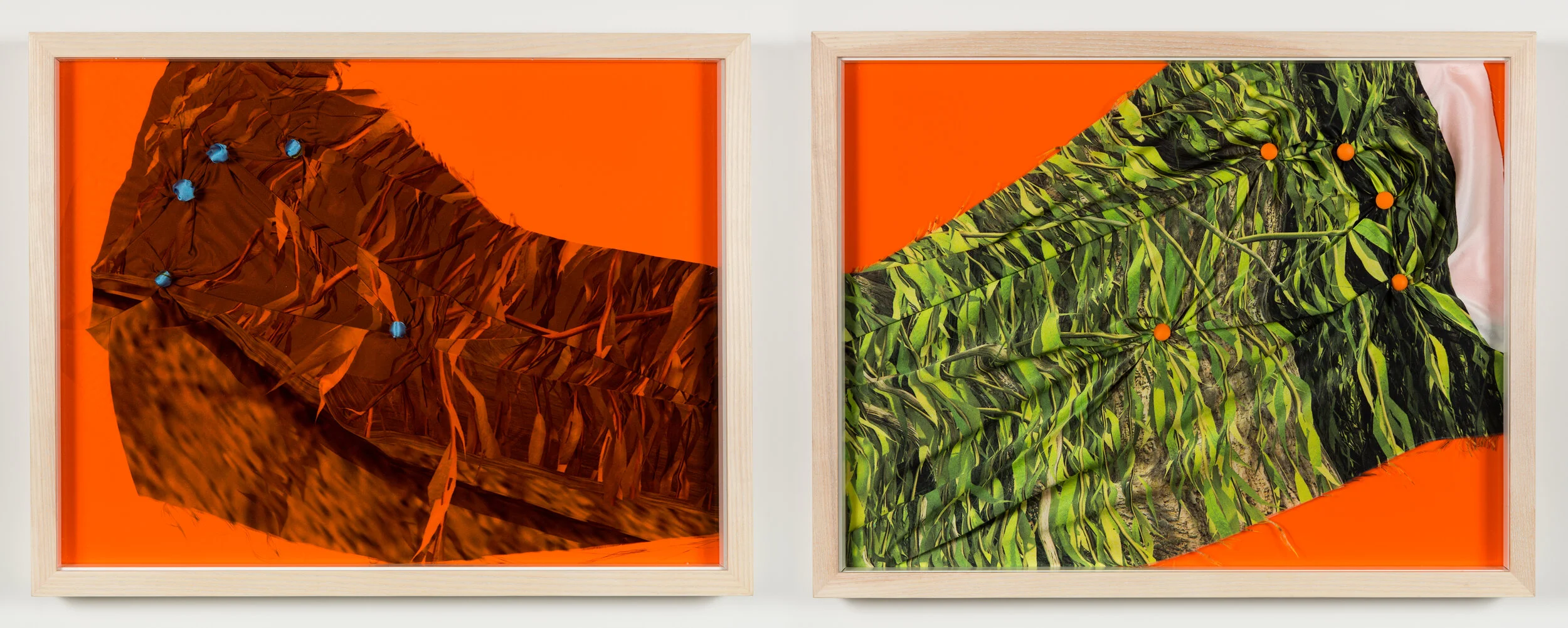 Splayed, 2014. Digitally printed silk, acrylic, ear plugs, frame. 43cm x 55cm