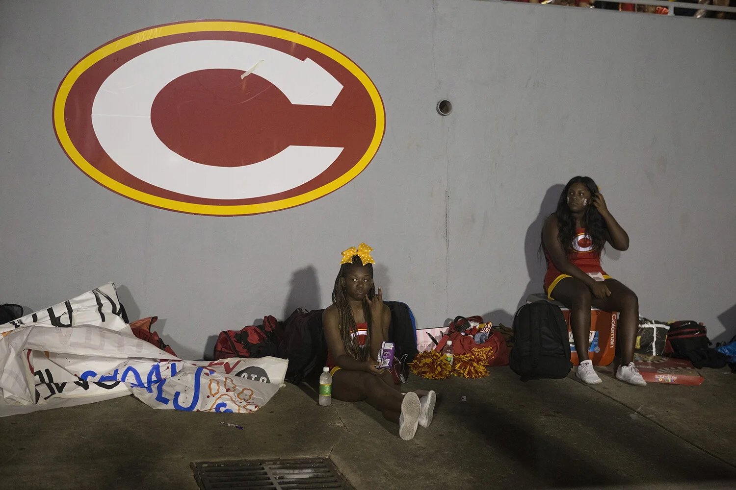  Clarke Central cheerleaders sit during a high school football game between Clarke Central and Cedar Shoals at Clarke Central High School in Athens, Ga., on Friday, Sept. 28, 2018. Cedar Shoals beat Clarke Central for the first time in 10 years with 
