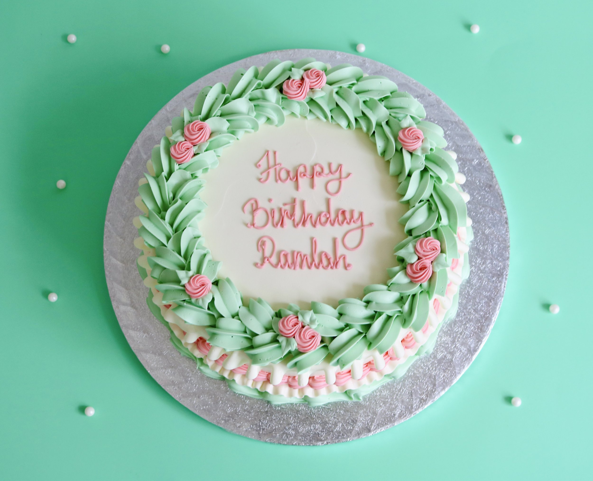 green and pink vintage cake london