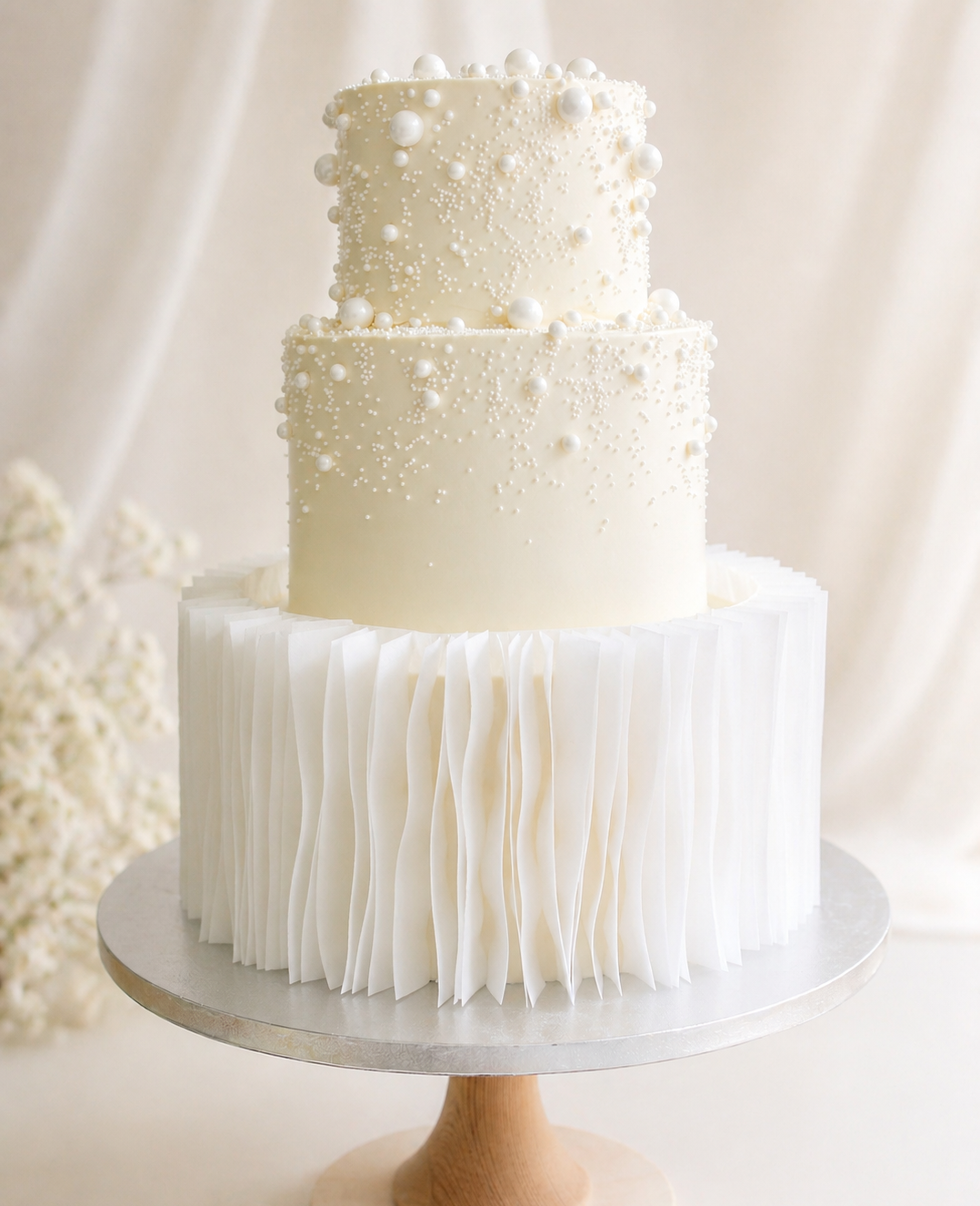 Elegant Wedding Cake With Pearls and Ruffles