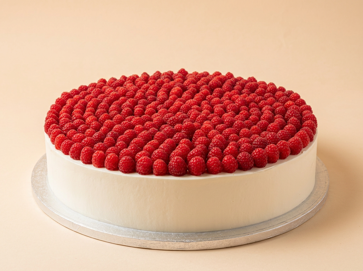 Large corporate event cake with smooth white buttercream and a full-coverage fresh fruit arrangement on top