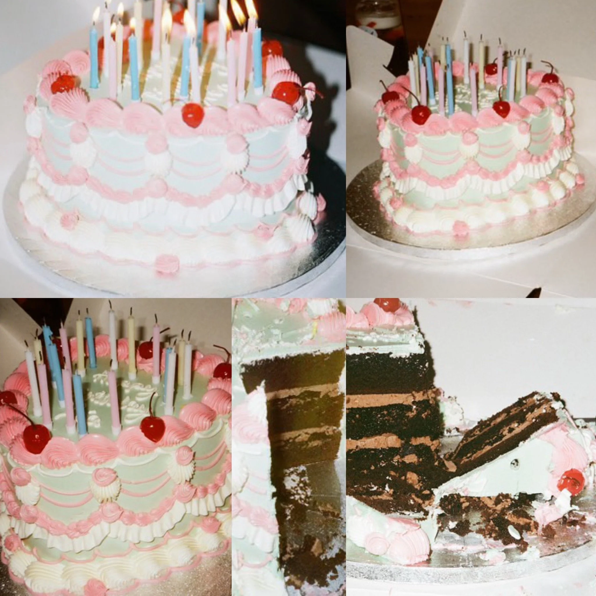 A pink and white birthday cake decorated with cherries and colorful candles, shown from multiple angles, with a sliced piece revealing layers of chocolate cake and chocolate filling.