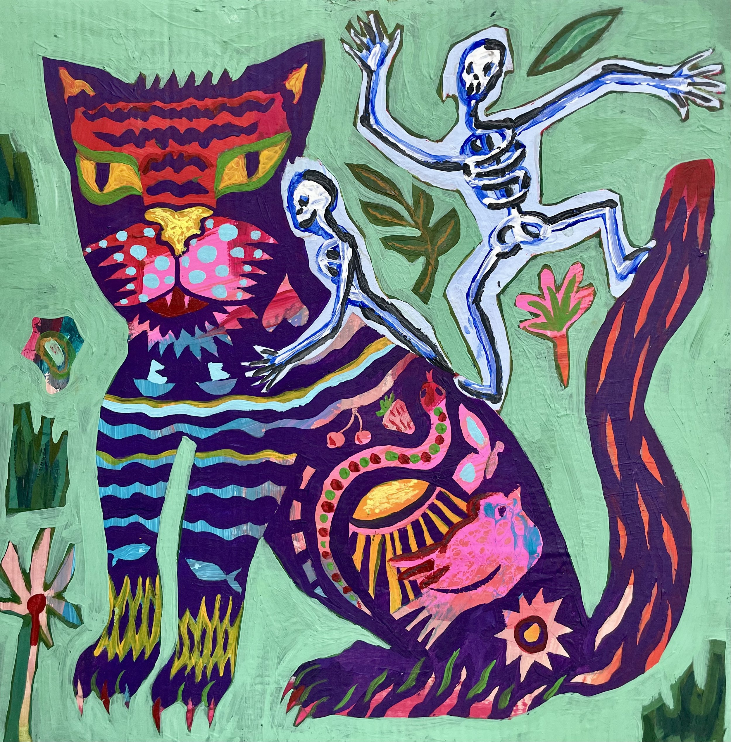 "Healing Animals, Cat" 2024, 32 x 32 cm, acrylic, pencils, oil stcks, pencils