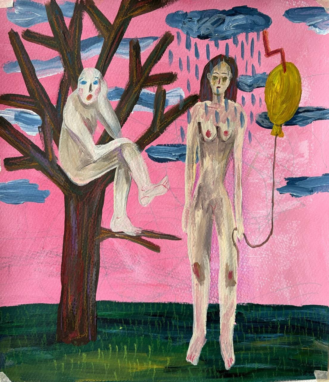 "Oh Comeon" 2024, 27 x 27 cm, acrylic, pencils, oil stcks