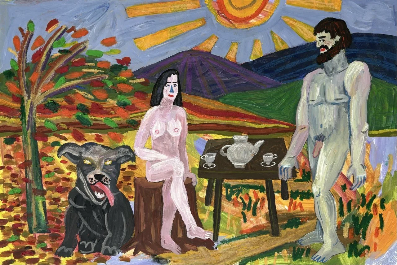 "Autumn Tea Time" 2024, 30 x 42 cm, acrylic, pencils, oil stcks, pencils