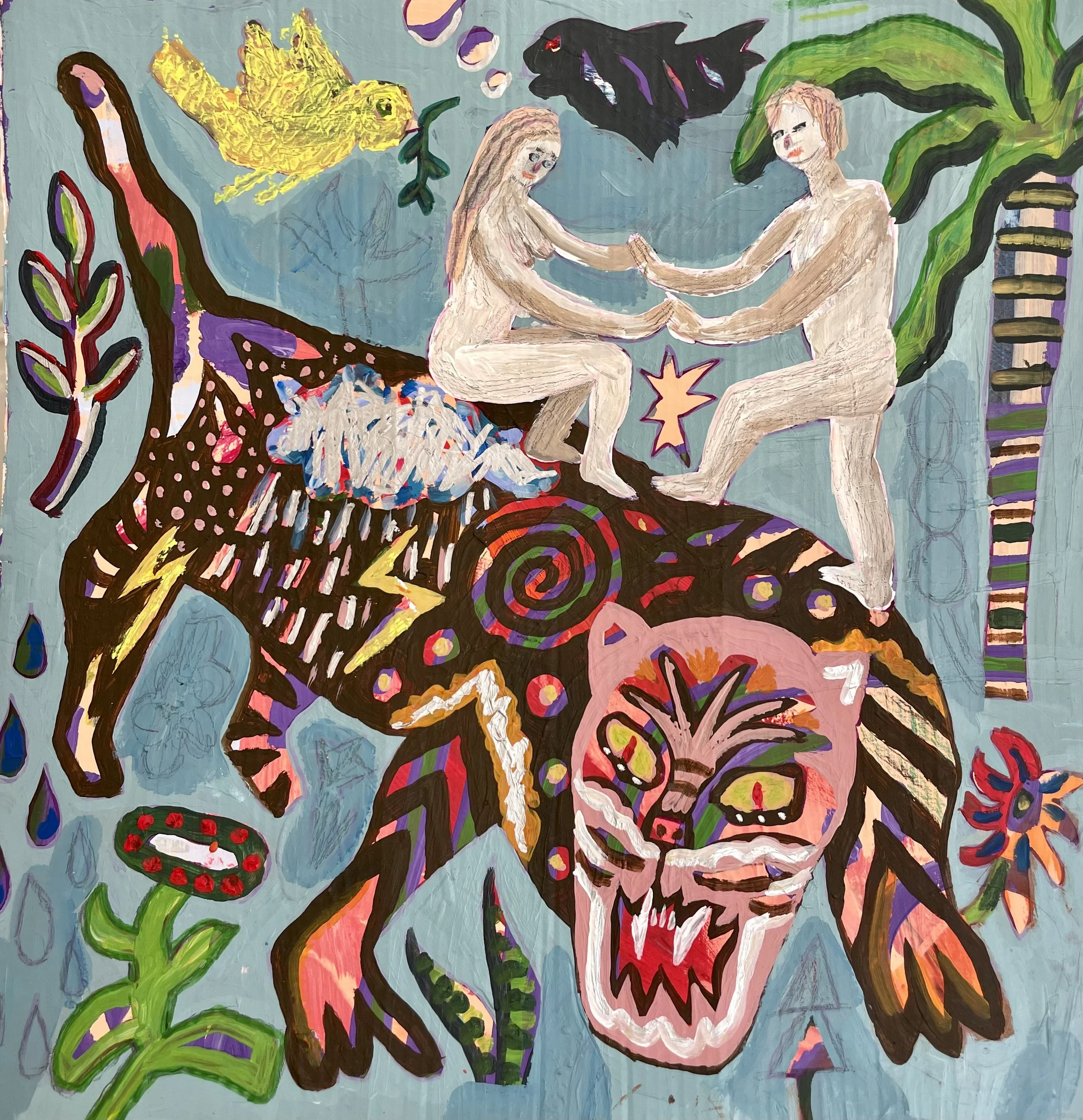 "Healing Animals, Tiger" 2024, 32 x 32 cm, acrylic, pencils, oil stcks, pencils