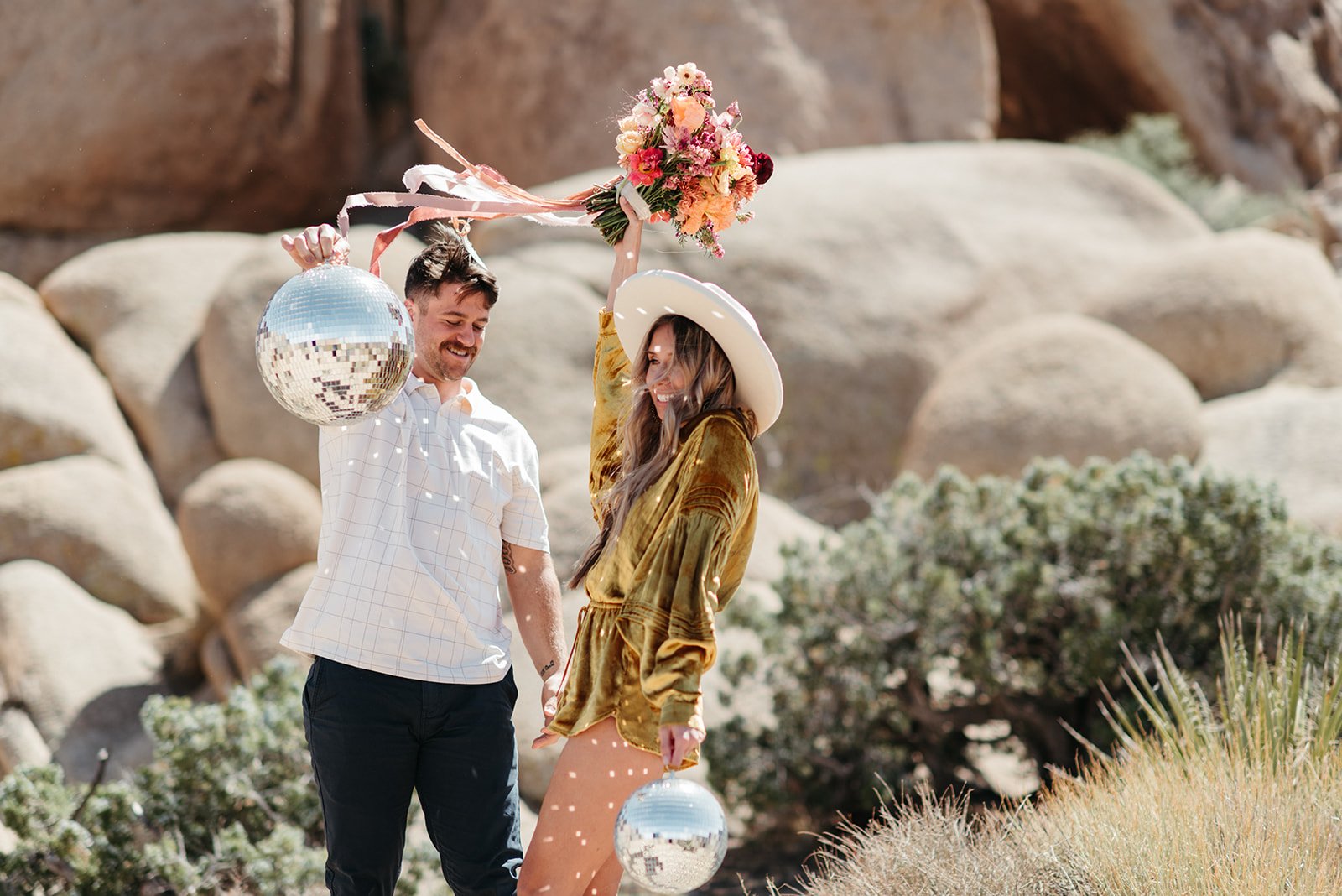 engagement photos in Joshua Tree with disco balls