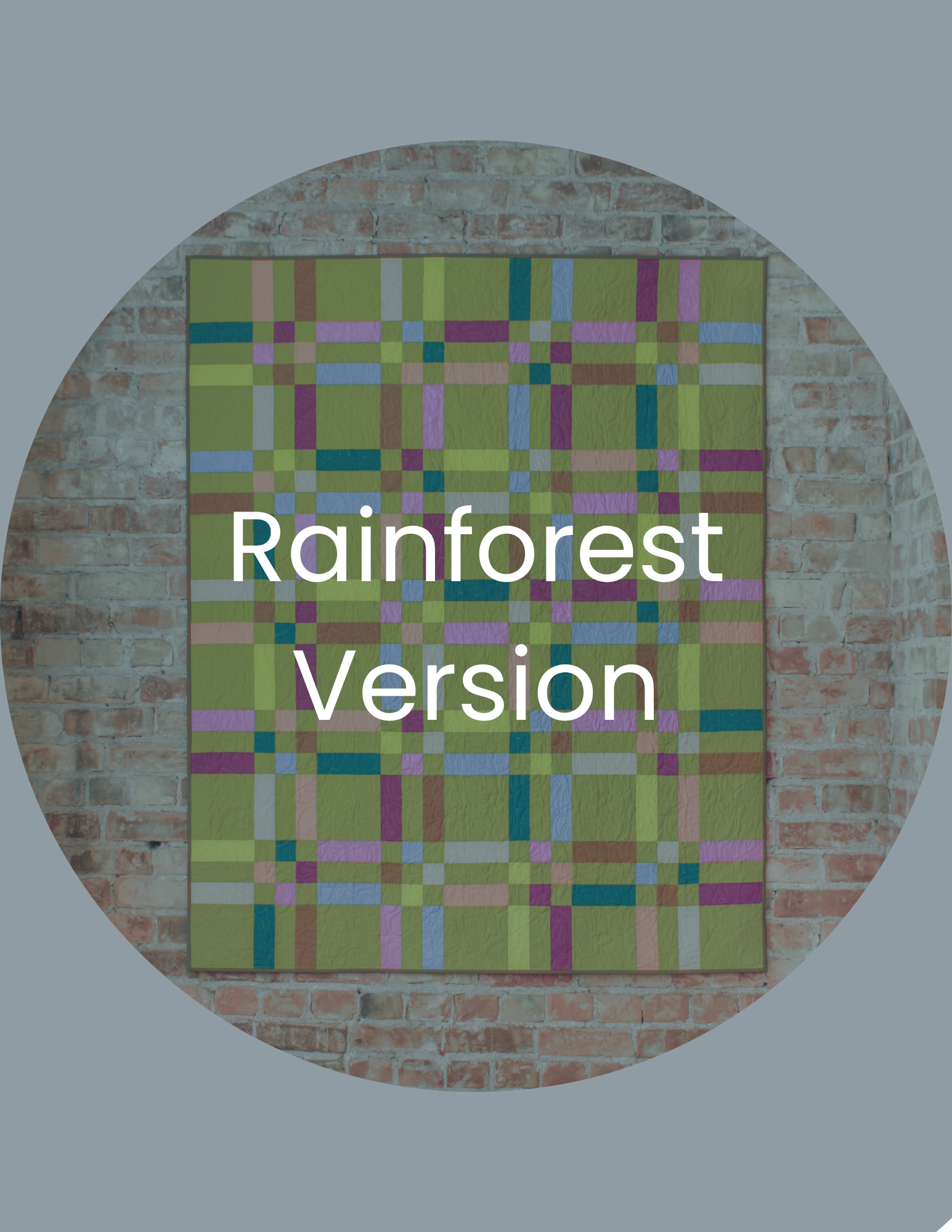 Colorful pixelated artwork with the word 'Rainforest Version' overlaid, mounted on a brick wall.