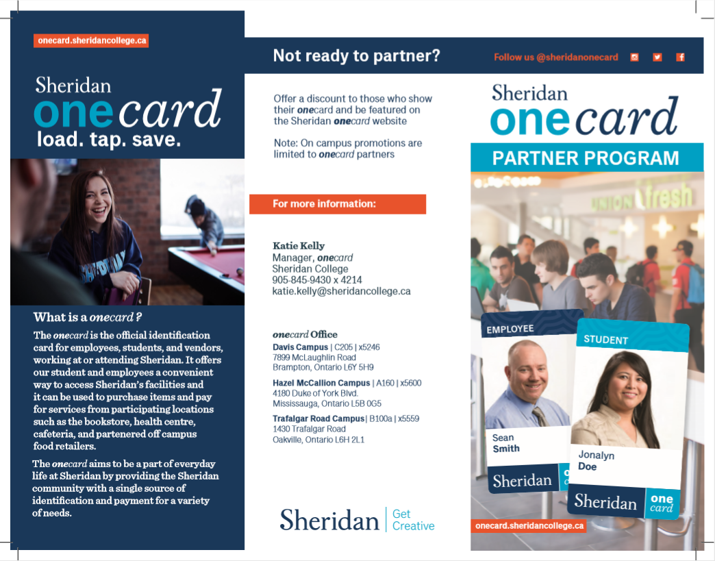 Outside of the tri-fold brochure for the vendors that are affiliated with Sheridan College’s OneCard Office