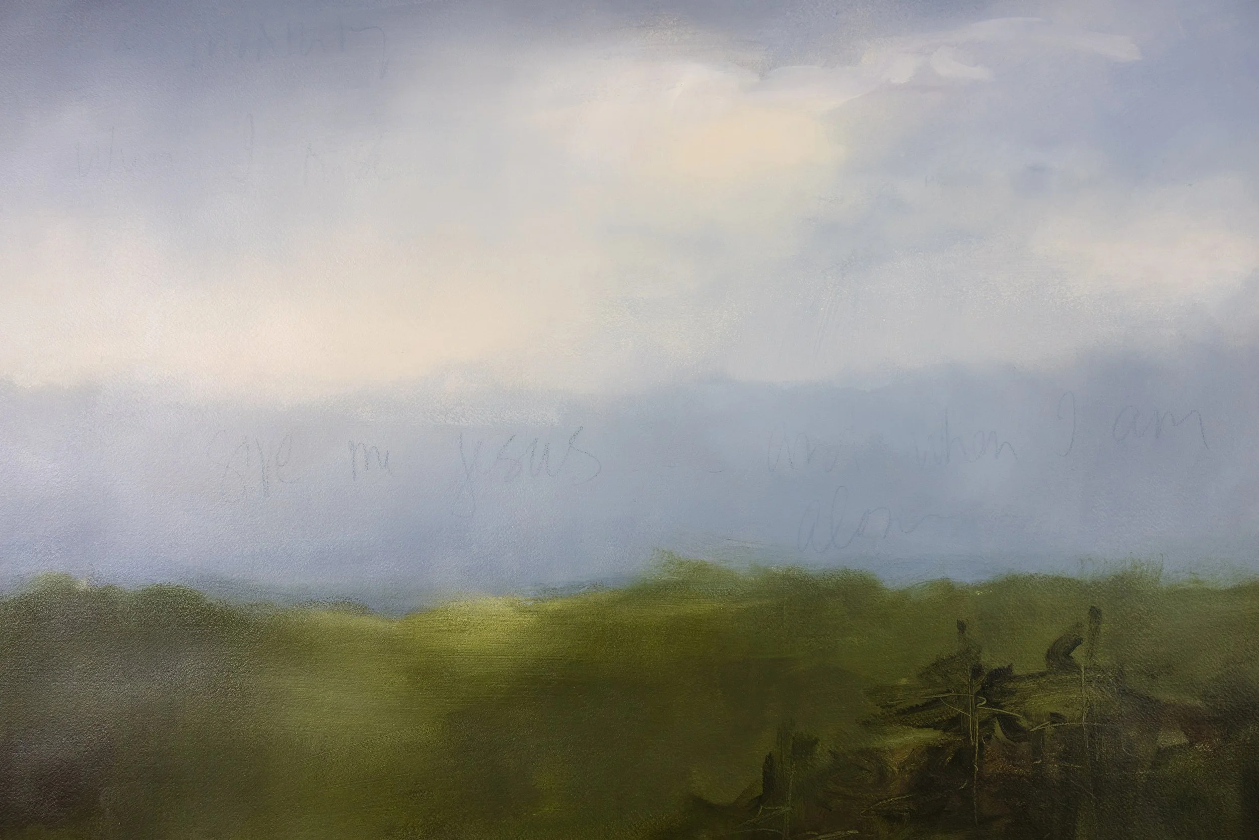 Close-up of On the Wings of Dawn I showing soft blue-gray clouds, diffused morning light, and distant olive-green hills.
