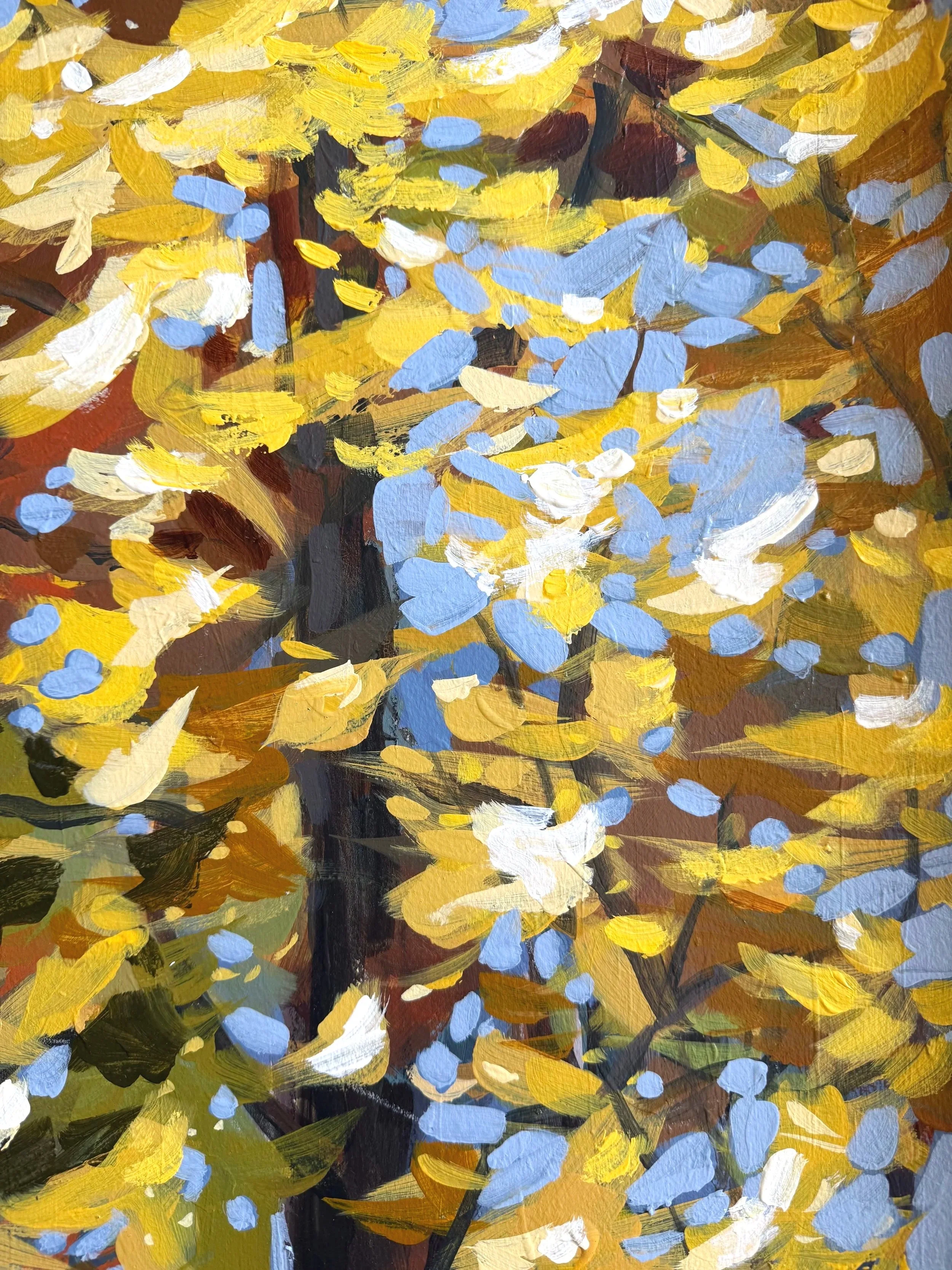 Detail showing layered yellow and pale blue foliage strokes in Cheyenne Trunnell’s Fall Leaf Study.